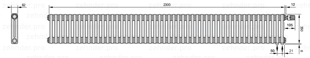 Схема (чертеж) Радиатор Zehnder Charleston 2035/50 №V002 Белый глянцевый RAL 9016
